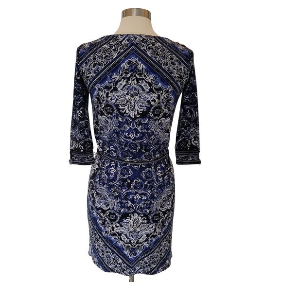 White House Black Market Damask Black Blue Dress w Silver Accents Size XXS - Picture 4 of 7